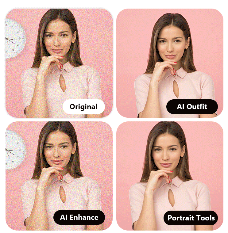 an image of a girl in pink shirt and AI outfits, AI enhance, AI removal, portrait tools features applied to the image